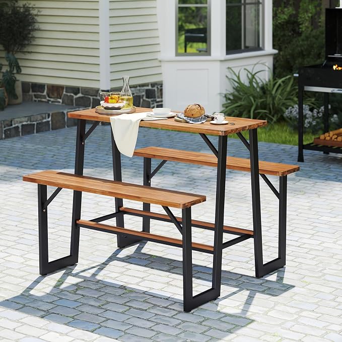 Giantex 4.5FT Picnic Table Bench Set for 4, Acacia Wood Outdoor Dining Table Set, 2" Umbrella Hole, Heavy Duty Metal Frame, Footrest Bar, Large Rectangular Tabletop for Porch Patio Lawn Garden