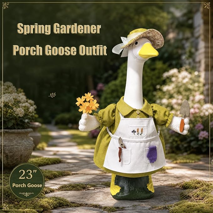 Spring Gardener Porch Goose Outfit for 23 Inch Plastic Cement Goose Statue, Goose Outfit Clothes with Hat, Felt Tools & Flower for Outdoor Garden Yard Patio Art Decor