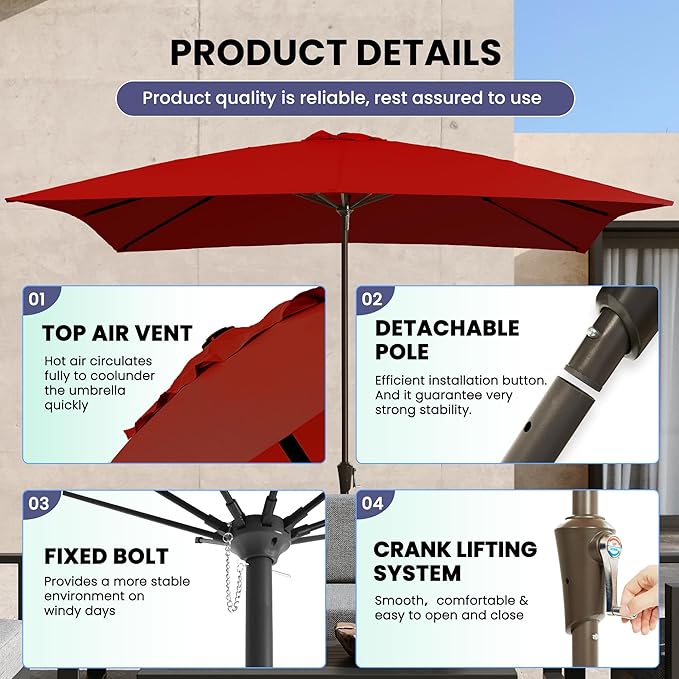 Ayge 8x10FT Large Rectangular Patio Umbrella Outdoor Table Umbrella w/Crank Rectangle Market Umbrella UV Protection for Garden, Deck,Lawn,Yard & Pool, Red