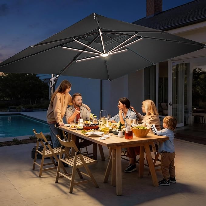 JZAC & QZYD 10X13 FT Outdoor Cantilever Patio Umbrella with LED Lights, Large Heavy Duty 2-Tier Aluminum Offset Umbrellas with 360-Degree Rotation for Pool Deck, Grey