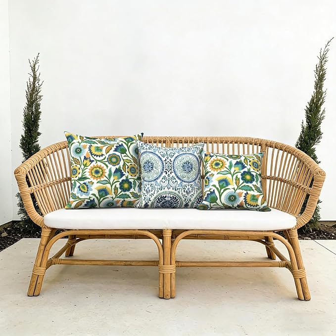 Outdoor Pillows with Insert 18x18 Inch, Waterproof Throw Pillow for Patio Furniture, Decorative Back Cushion for Garden Home Sofa Office Chair, Set of 2, Medallion Blue