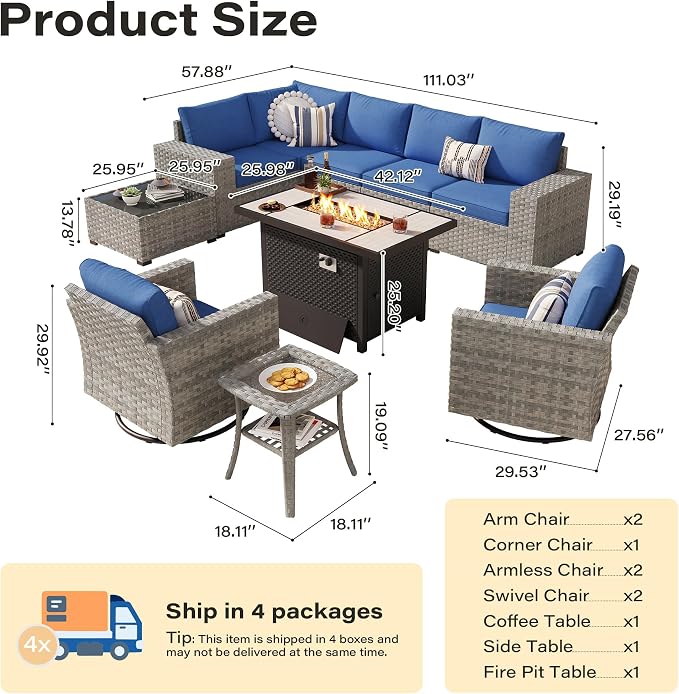 10 Pieces Outdoor Patio Sectional, Wicker Patio Furniture Set with 42 inch Fire Pit Table, All-Weather L Shaped Patio Conversation Set with Swivel Chairs, for Backyard Porch Yard,Navy Blue