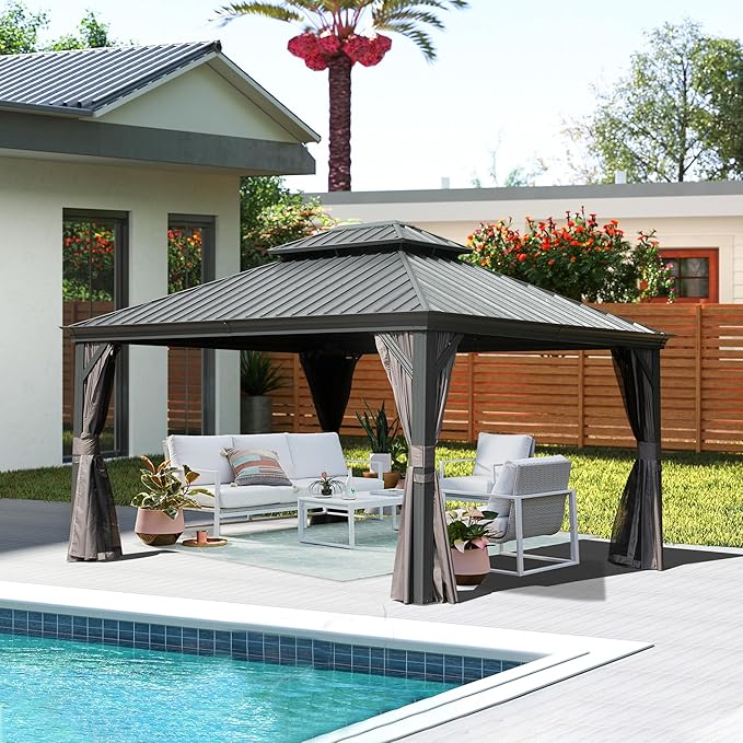 Domi 10' X 13' Hardtop Gazebo, Upgraded Metal Gazebo with Drainage System, Dual-Layer Galvanized Steel Roof, Curtain and Netting, Outdoor Shelter Canopy for Patio, Garden, and Backyard, Grey