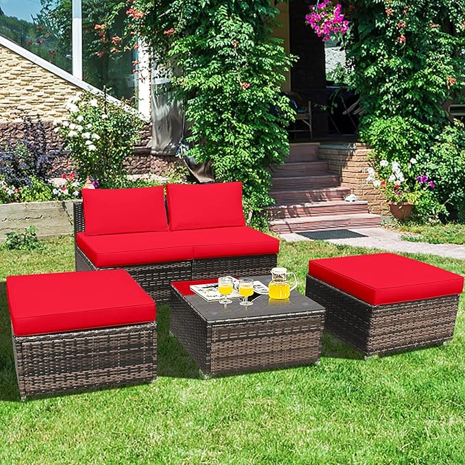 Tangkula 5 Piece Wicker Lounge Chair Set, with Tempered Glass Coffee Table, Outdoor Conversation Sets w/Washable Zippered Cushions, Includes 2 Armless Sofas, 2 Ottomans and 1 Side Table (Red)