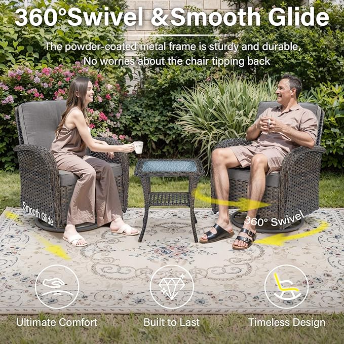 Belord 5-Piece Patio Furniture - Outdoor Conversation with Deep Seating Swivel Rocker Chairs Loveseat and Rattan Coffee Table, Brown with Gray Cushion