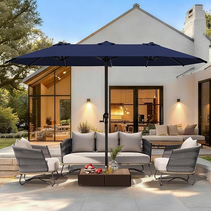 GDPFN 15FT Large Patio Umbrella, Outdoor Deck Standing Umbrella with Crank Handle, Double-Side Rectangular Pool Umbrella for Outside, Market, Patio, Navy Blue (Base Not Include)
