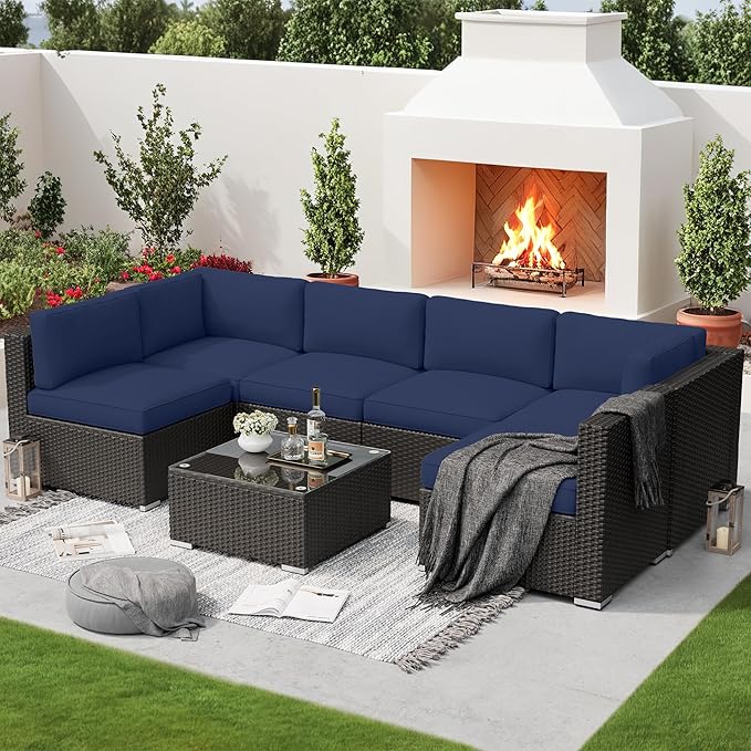 SUNCROWN 7-Piece Outdoor Patio Furniture Sofa Set All-Weather Wicker Sectional Conversation Set with Modern Glass Coffee Table and Cushions-Dark Blue