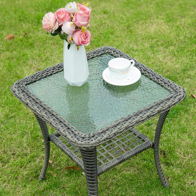 VIVIJASON Outdoor Wicker Side Table, All-Weather Rattan Patio Side Table Bistro Table with 2-Tier Storage, Tempered Glass Top Square End Table for Indoor, Balcony, Garden, Porch, Deck, Gray