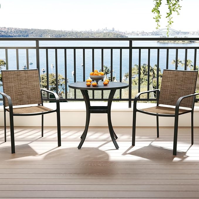 Anmutig 3-Piece Outdoor Dining Set, Small Metal Bistro Table with 2 Stackable Sling Chairs, 27.5 x 27.5 Inch Round Table, Brown Fabric