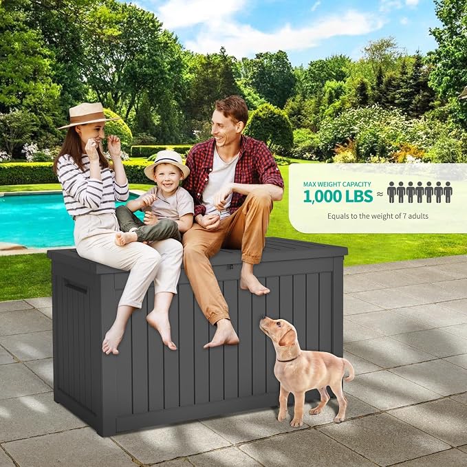 Heavy Duty 230 Gallon Patio Storage Box, Extra Large Resin Deck Box with Hydraulic Lid, Lockable Weatherproof Outdoor Storage for Garden Tools, Cushions, Black