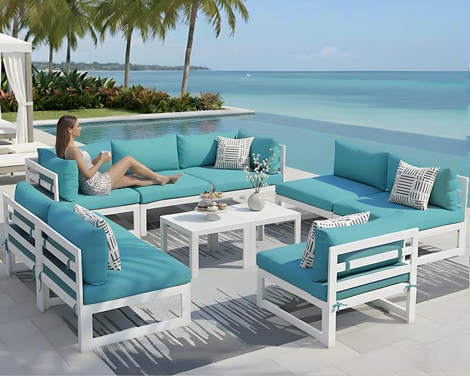 NICESOUL 10 Piece Oversized Modern Aluminum Patio Furniture Set, All Weather Rust Resistant Modular Sectional Sofa with Side Table, 500 lbs Heavy Duty Comfortable Outdoor Couch for Backyard Lawn, Teal