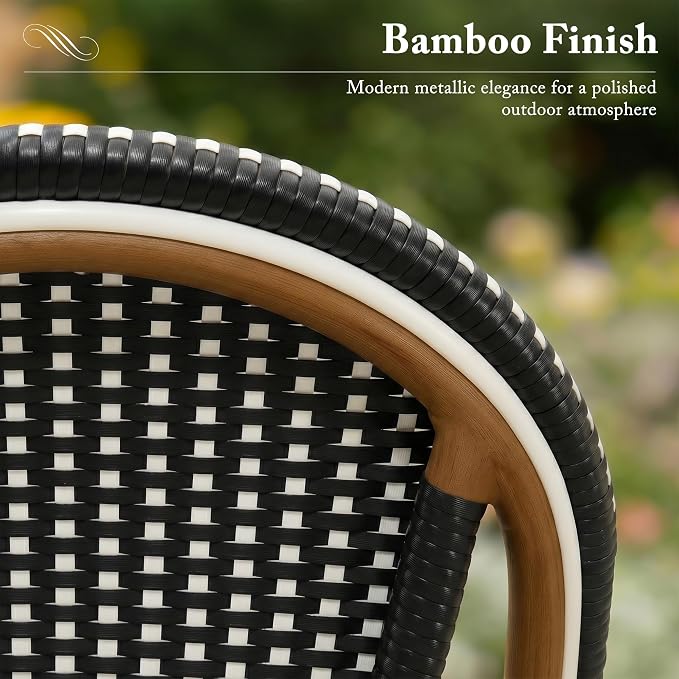 PURPLE LEAF 3-Piece French Bistro Dining Set Round Outdoor Patio Table and 2 Armless Chairs Tempered Glass Top PE Rattan Bamboo Print Finish Aluminum Frame Black
