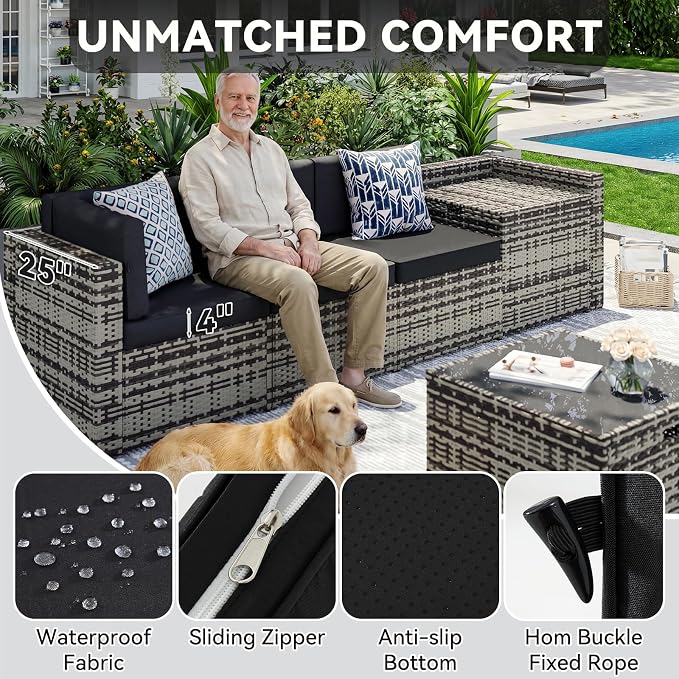 Aoxun 8-Piece Patio Furniture Set, Wicker Outdoor Sectional Sofa with Large Storage Table & Waterproof Cover, Patio Conversation Set for Backyard and Garden (Grey/Black)