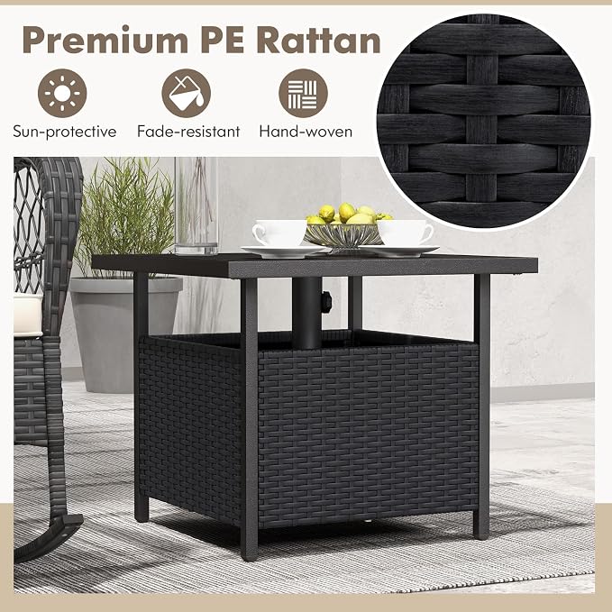 Tangkula Outdoor Table with Umbrella Hole, Rattan Umbrella Stand Table, Wicker Outside Side Table with Steel Metal Frame, Patio Bistro Table for Deck Garden Pool Yard, 22 x 22 x 18.5 Inch (Black)
