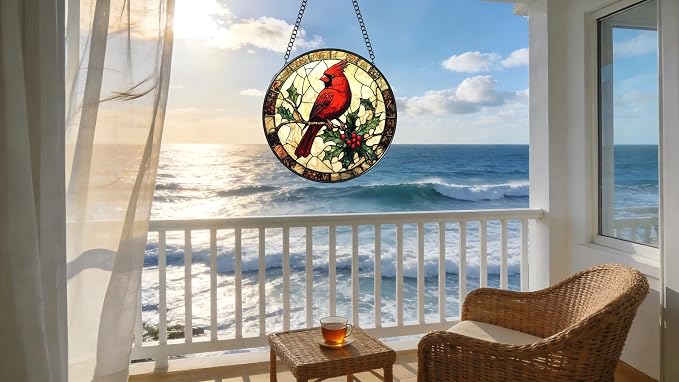 Stained Glass Window Hanging Ornament, The Red Bird Stopped on The Branch 6.3 Inches Suncatcher for Window Home Decor Bithday Christmas Monther's Day Gifts for Women Men and Mom