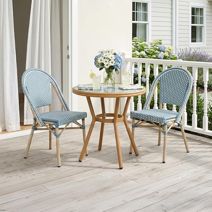 PURPLE LEAF 3-Piece French Bistro Dining Set Round Outdoor Patio Table and 2 Armless Chairs Tempered Glass Top PE Rattan Champagne Print Finish Aluminum Frame Light Blue