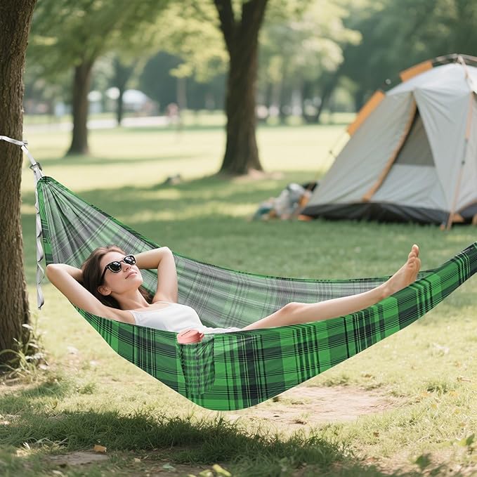Hammocks for Outside Green Tartan with Black Lines Camping Hammock Portable Hammocks with Tree Straps and Carry Bag Camping Accessories for Hiking Beach Outdoor