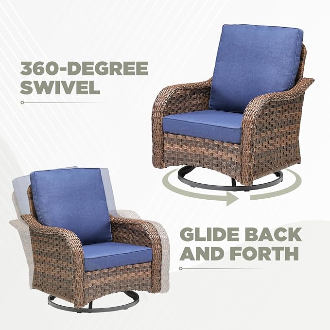 6 PCS Patio Furniture Set, Outdoor Wicker Loveseat & 2 Swivel Rocking Chairs with 2 Ottomans & Side Table, 4-Inch Thick Olefin Cushions, 300 lbs Capacity Rattan Conversation Set for Porch, Blue
