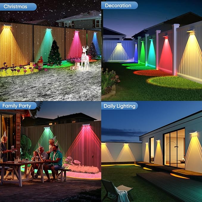 YiLaie Solar Fence Lights Outdoor - Warm White & RGB 6 Color, Solar Lights Outdoor IP67 Waterproof, Garden Lights for Outside/Backyard/Railing/Step/Patio/Wall (6 Pack)