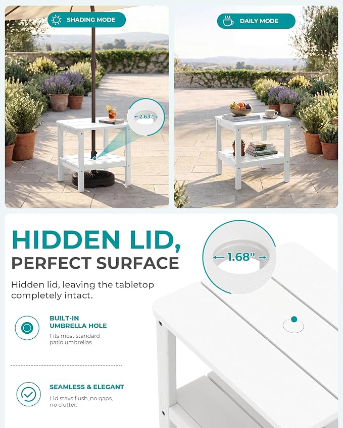 SERWALL Double Layer Adirondack Side Table with Umbrella Hole, HIPS Outdoor Side Table Rectangular End Tables for Patio, Poolside, Garden, White