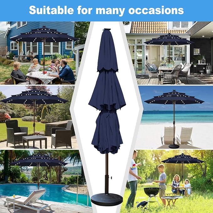 Eurmax USA 10-Year-Non-Fading 10FT 3-Tier Outdoor Patio Market Umbrella with LED Lights,UPF50+ UV Resistant,Commercial Grade,Crank Lift Design,Windproof Vented Top for Garden,Pool,Deck,Navy Blue