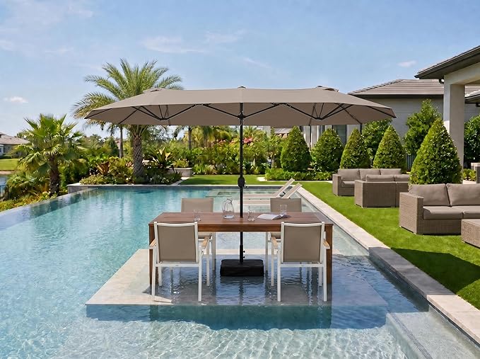 PURPLE LEAF 13ft Patio Market Umbrella with Base Double-Sided Rectangle Outdoor Table Sun Umbrellas with Crank 12 Heavy Duty Sturdy Ribs for Pool Beach Deck Backyard Taupe
