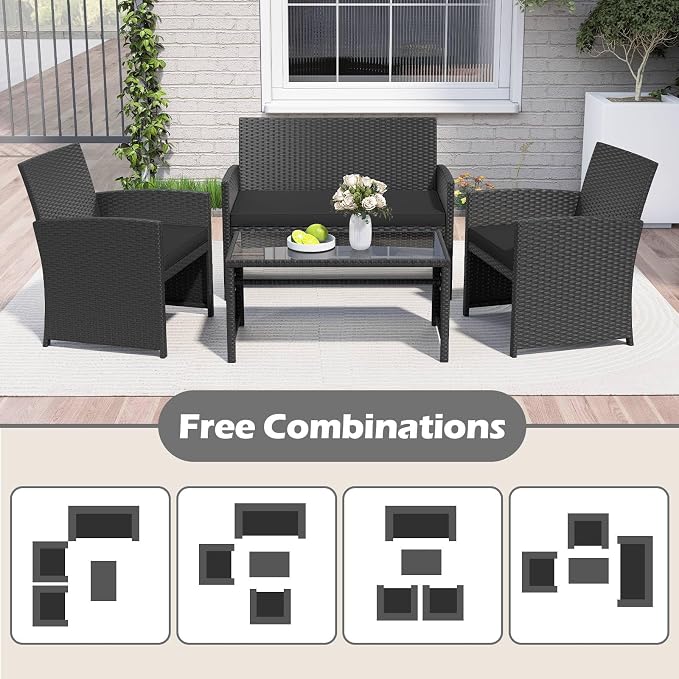 RELAX4LIFE 8-Piece Patio Furniture Set - Wicker Rattan Outdoor Sectional Sofa Set w/Glass Coffee Table, Loveseat, Chairs & Soft Cushions, Bistro Conversation for Garden Porch (2, Black-Black)