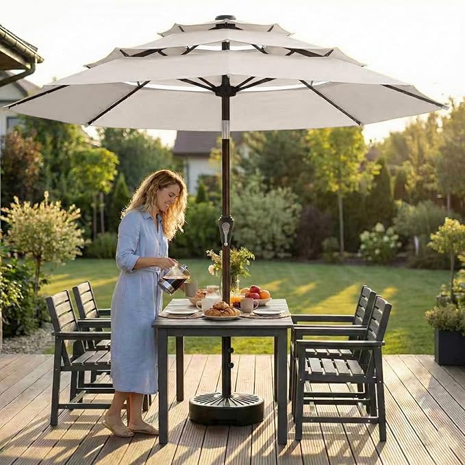 10ft 3-Tier Patio Umbrella with 32 Solar Powered LED Lights, Windproof Outdoor Market Umbrella for Deck, Poolside & Garden, Sturdy Push-Button Tilt Table Umbrella, Creamy White