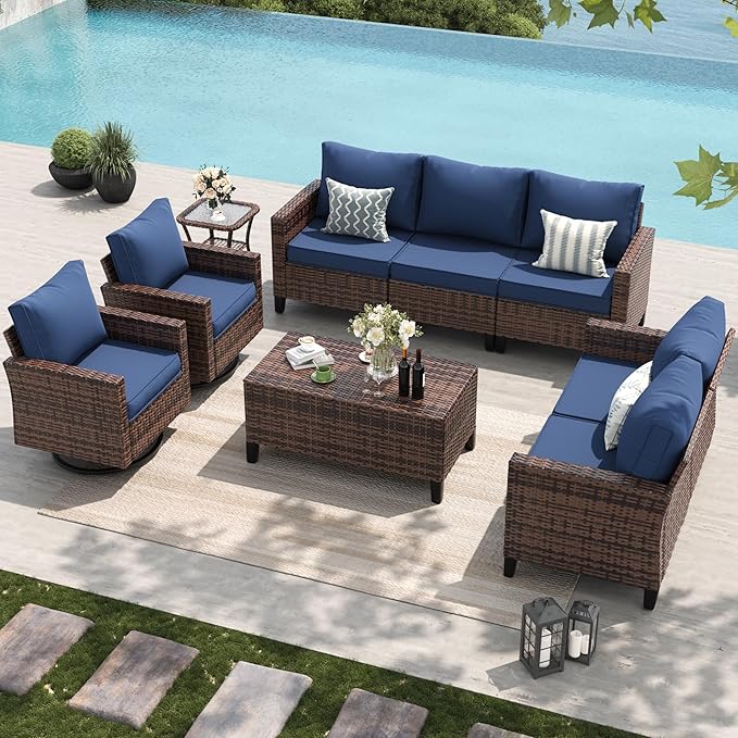 Amopatio Patio Furniture Set, 6-Piece Wicker Outdoor Sectional Sofa with Swivel Rocker Chairs, Rattan Conversation Set with Storage Coffee Table and Waterproof Cover for Backyard Brown/Navy