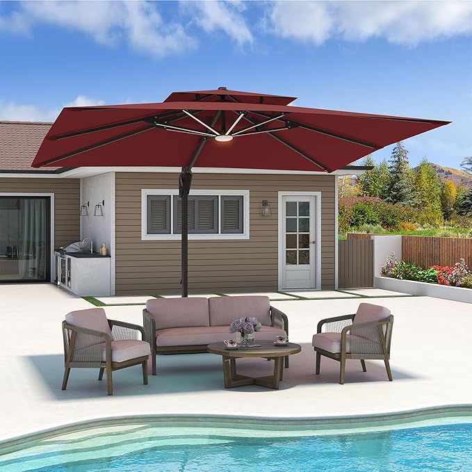 10x13 FT Cantilever Patio Umbrella with Led Lights Double Top Outdoor Rectangular Large Heavy Duty Aluminum Offset Umbrellas with 7 Level Tilt 360-degree Rotation for Pool Garden Deck, Wine Red
