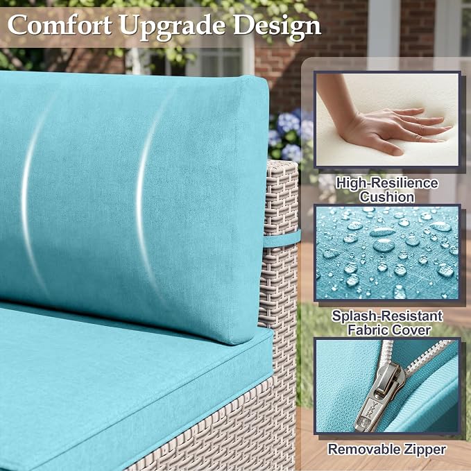 Patio Furniture Set, 11-Piece Outdoor Sectional Sofa with Swivel Rocker Chairs & Fire Pit Table, Wicker Patio Conversation Set with Coffee Table, Cyan Cushions
