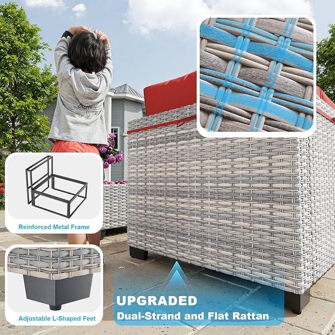 15-Piece Patio Furniture Set, Outdoor Patio Furniture with 55,000 BTU Fire Pit Table, Thick Cushions, Modular Patio Sofa, Dual-Strand Wicker Rattan, Rust-Resistant Frame, Red