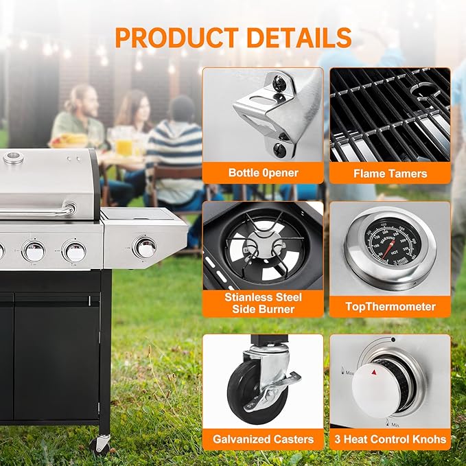 4 Burner Propane Gas Grill with Side Burner, Stainless Steel BBQ Grill 48,500 BTU for Outdoor Cooking Kitchen, Garden and Patio Backyard Barbecue, Dark Black and Silver