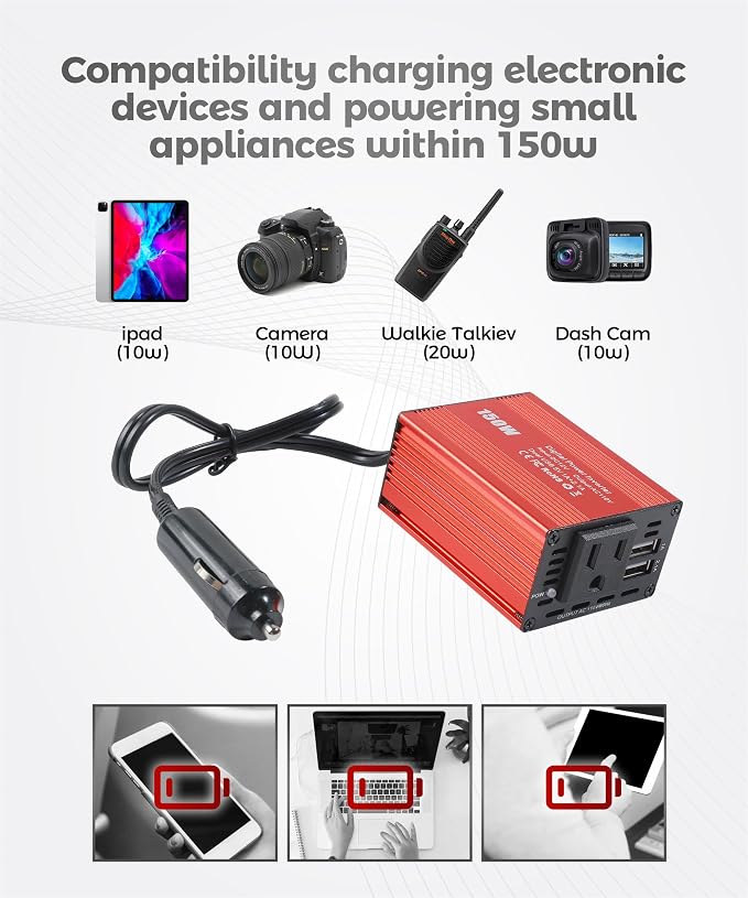 Power Inverters for Vehicles,Car Accessories,150W Car Power Inverters with 3.1A Dual USB,12V DC to 110V AC Converter Vehicle Adapter,Suitable for Most Cars,RVs,Trucks and More