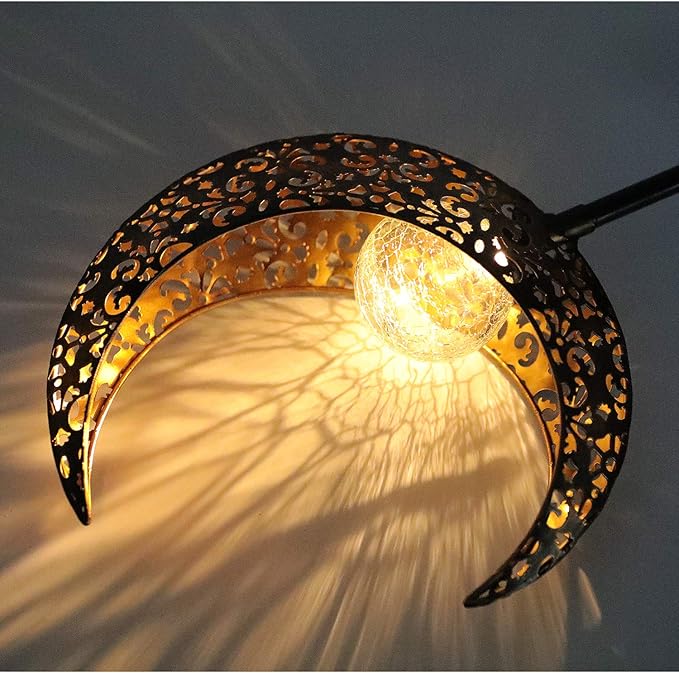 Starryfill Moon-Shaped Garden Solar Lights, Outdoor Bronze Metal Waterproof Stake with Crackle Glass Globe Warm White LED for Pathway Lawn Patio or Courtyard