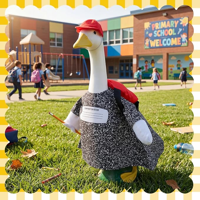 Back to School Porch Goose Outfit First Day of School Composition Notebook Goose Clothes Dress with Red Hat Backpack Pencil Geese Costume for 17-23 Inch Geese Statue Lawn Outdoor Patio Decor