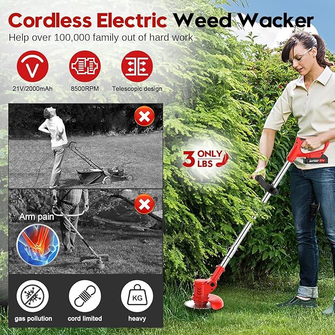 6 inch Electric Stringless Weed Wacker Metal Blade, Electric Weed Trimmer Eater Battery Powered 4000mAh 21V, 3 in 1 Cordless No String Grass Trimmer Mini Mower Edger Brush Cutter,Garden Weed Tool