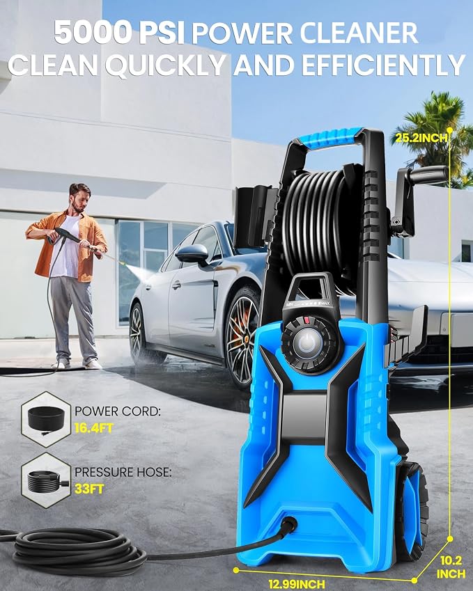 5000PSI Electric Pressure Washer, 2500-5000 PSI Adjustable Power Washer with 33ft Hose Reel, 4 Nozzles & Detergent Tank for Cars/Home/Driveways, Blue