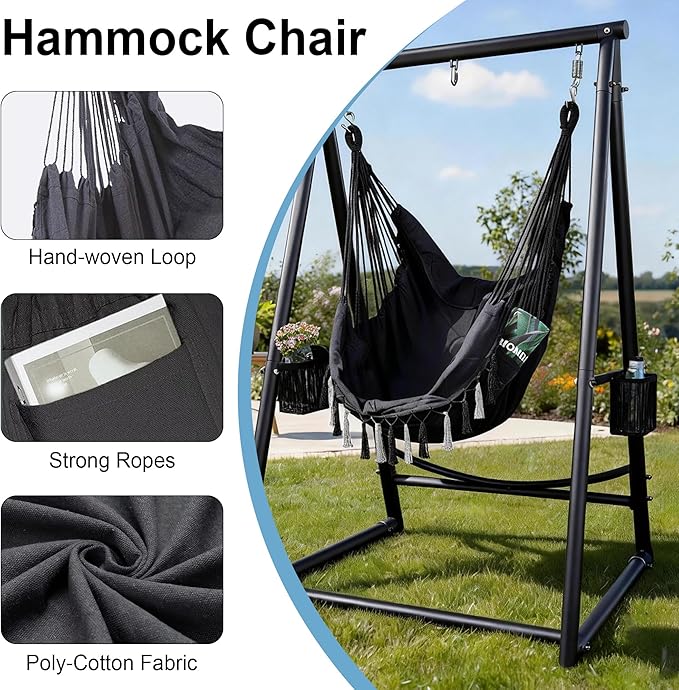 Hammock Chair with Stand Hanging Rope Swing Chair, Heavy-Duty Steel Max 350 LBS Capacity for Indoor Outdoor Patio Garden Balcony (Black)