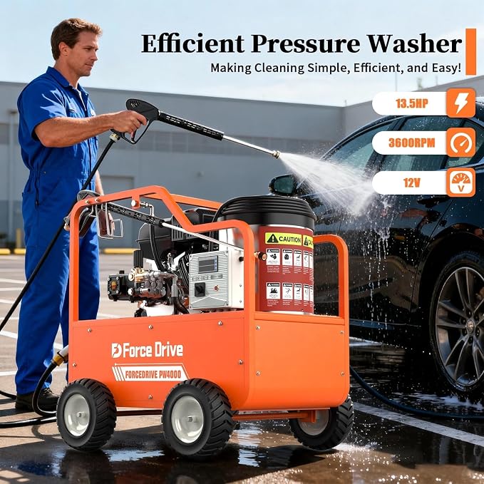 Hot Water Pressure Washer 4000PSI 4GPM,420cc 13.5HP Gas Engine with AR Pump, Commercial Heavy-Duty Power Washer for Trucks, Machinery, Concrete, Industrial Grease (Orange)