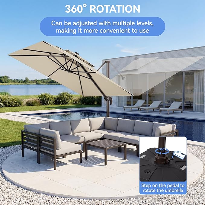 10x10FT Cantilever Outdoor Patio Umbrellas，Double Top Large Square Umbrella Heavy Duty 360°Rotation Offset Outdoor Sun Shade Umbrella for Garden Deck Pool Backyard Patio, Beige