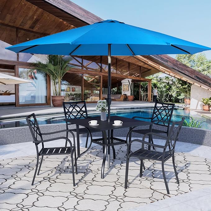 Crownland 5 Piece Patio Dining Set, 4 Stackable Metal Chairs and Square Outdoor Dining Table with 9FT Sky Blue Round Outdoor Umbrella (Metal Tabletop)