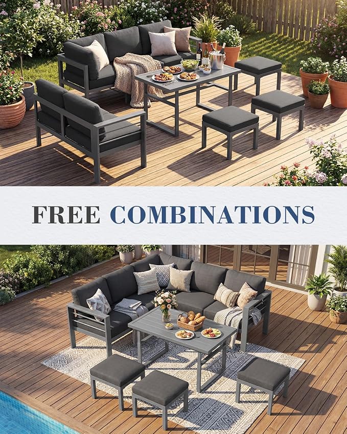 AECOJOY Aluminum Patio Furniture Set, 8 Seats Modern Outdoor Furniture with Adjustable Table, 7 Pieces Metal Conversation Sectional Sofa, Dark Gray