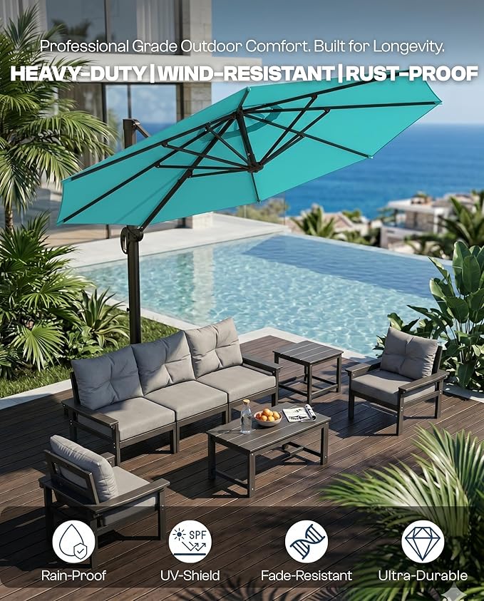 11 FT Round Cantilever Umbrella,Easy Tilt, Fade Resistant & 360° Rotation, Offset for Pool Deck Backyard Patiopeacock blue (Base not Included)