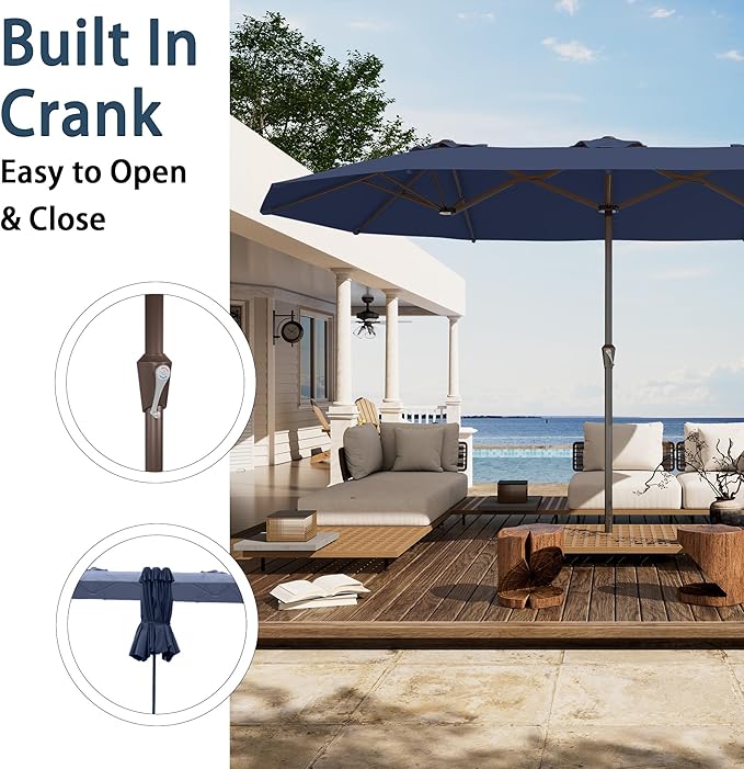 PatioKingdom 15FT Large Patio Umbrella with Base, Double Sided Rectangular Outdoor Umbrella with Sturdy Fiberglass Ribs, Market Umbrella for Pool,Garden,Backyard,Deck (Navy, 15FT)