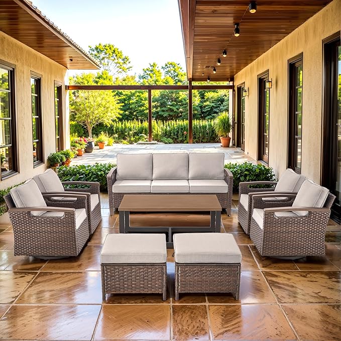 Luxury 8 Piece Heavy Duty Patio Furniture Set with Swivel Chairs - All Weather Wicker Comfort Thick Cushion Outdoor Conversation Set for Porch Poolside Deck - Beige