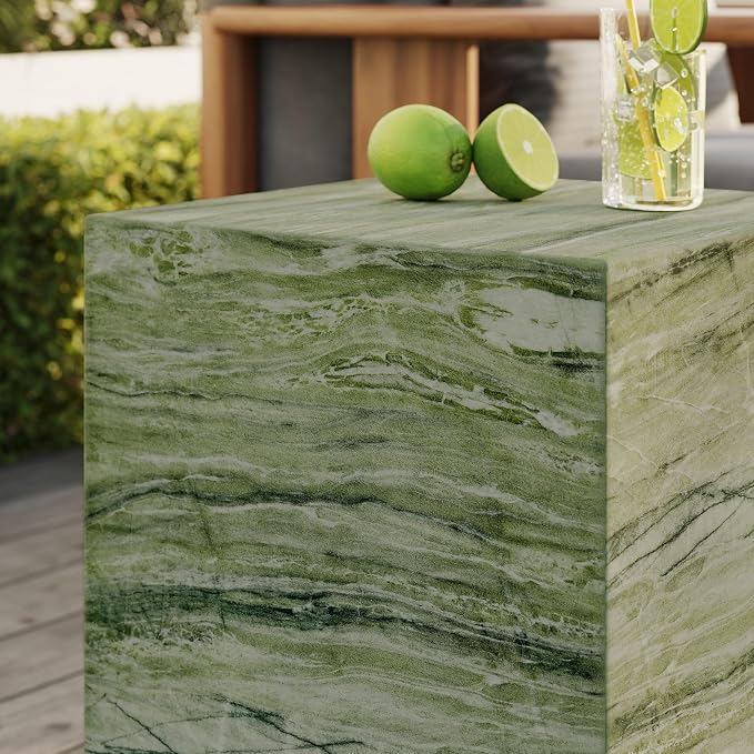 Modway Jordana Indoor Outdoor Concrete Side Table in Green Marble – Square Plinth End Table with Faux Stone Finish - Concrete Furniture Accent Table for Patio, Garden, or Living Room