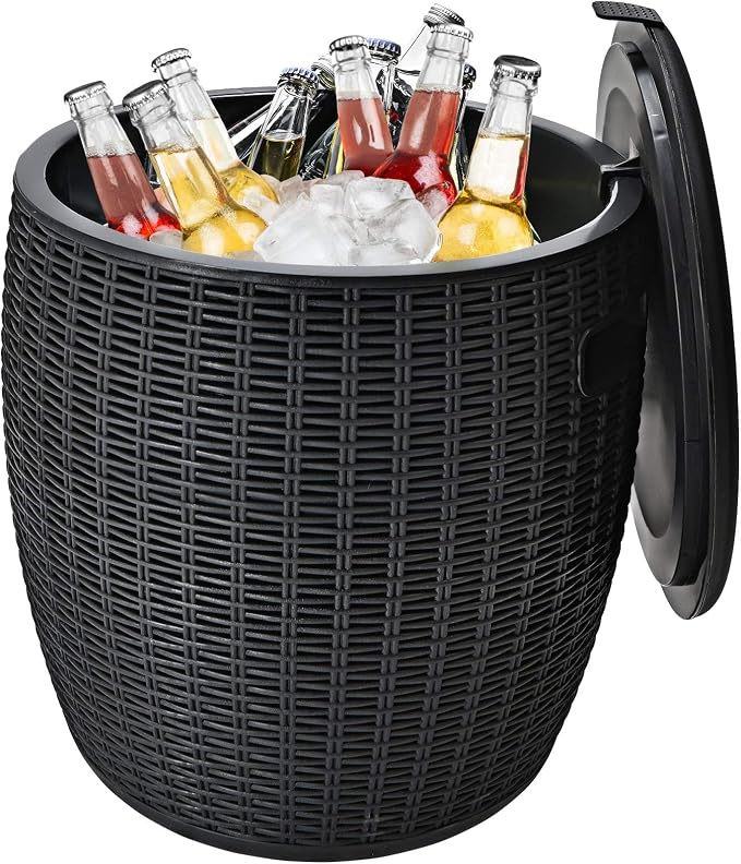 TANGZON 45L Ice Bucket Table, Rattan Effect Drinks Cooler with Lid & Side Handles, Outdoor Cocktail Table for Garden Patio Party and Pool (Black)