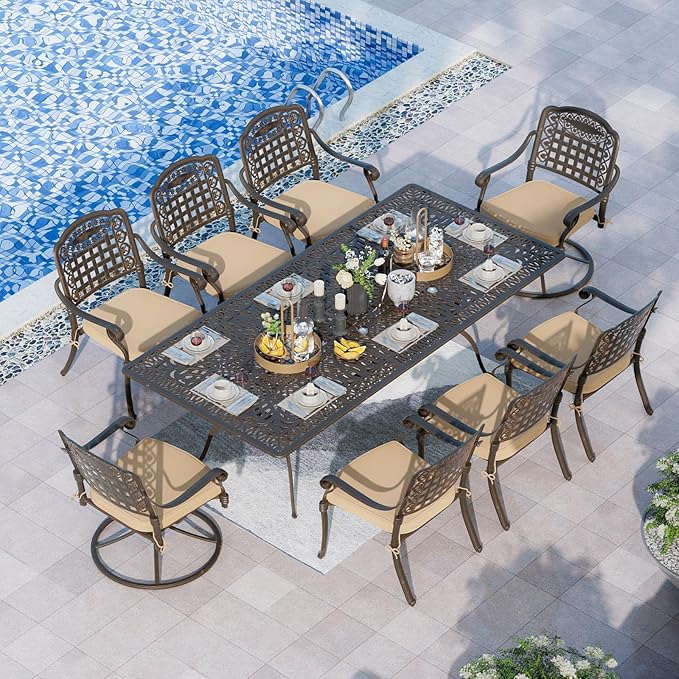 Grepatio 9 Piece Cast Aluminum Patio Furniture Set Outdoor Dining Set Bistro Furniture Set with 6&2 Swivel Chairs and Table with Umbrella Hole, 8 Cushions for Backyard Garden Poolside (Grid Khaki)
