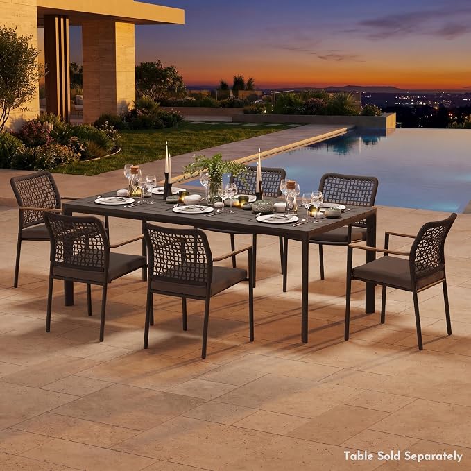 Modern Shade Riviera Outdoor Dining Chairs Set of 6, Fade Resistant, All-Aluminum Woven Rope Outdoor Chairs with FSC Teak Wood Armrests, Weather-Resistant Patio Chair with Quick Dry Cushion, Gray